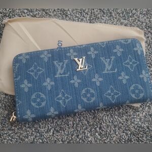 New Fabric Denim Blue Monogram Zip Wallet